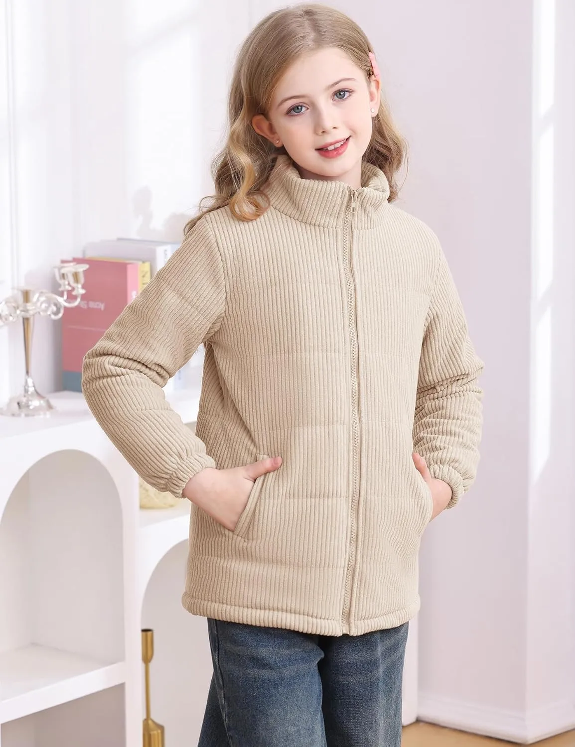 Floral Find Girls Long Sleeve Winter Jacket Coats Zip Up Stand Collar Corduroy Quilted Outerwear Jackets with Pocket