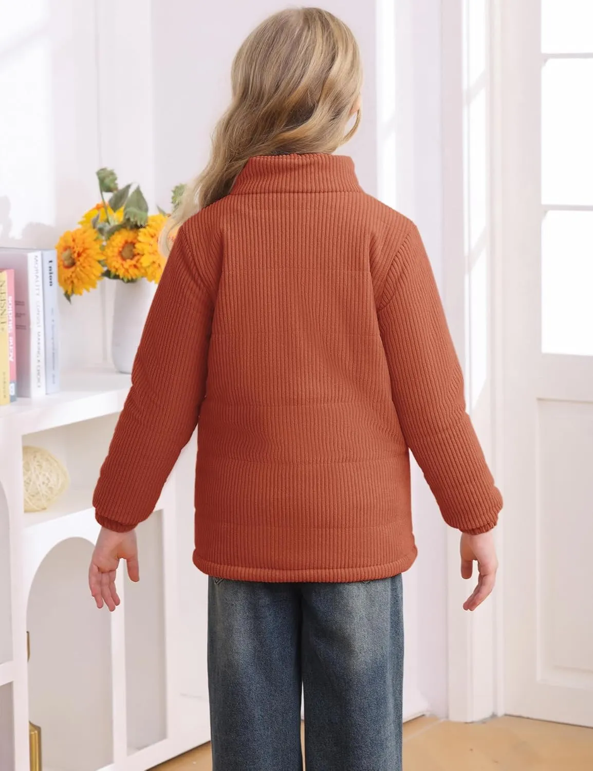 Floral Find Girls Long Sleeve Winter Jacket Coats Zip Up Stand Collar Corduroy Quilted Outerwear Jackets with Pocket