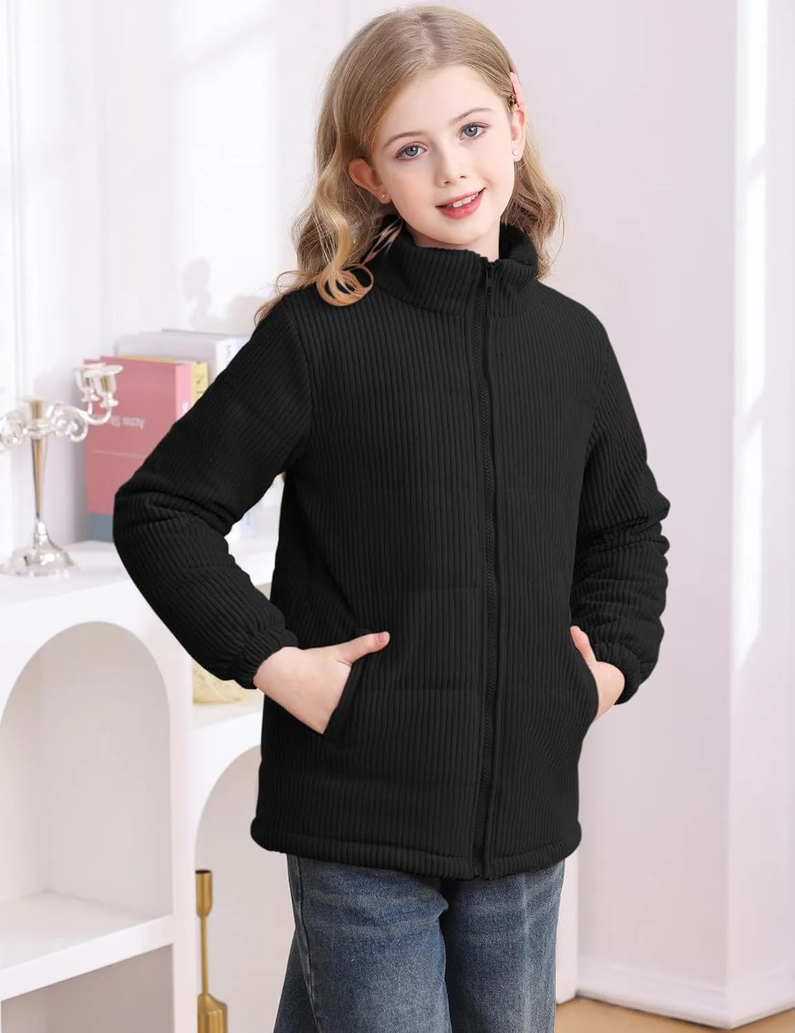 Floral Find Girls Long Sleeve Winter Jacket Coats Zip Up Stand Collar Corduroy Quilted Outerwear Jackets with Pocket