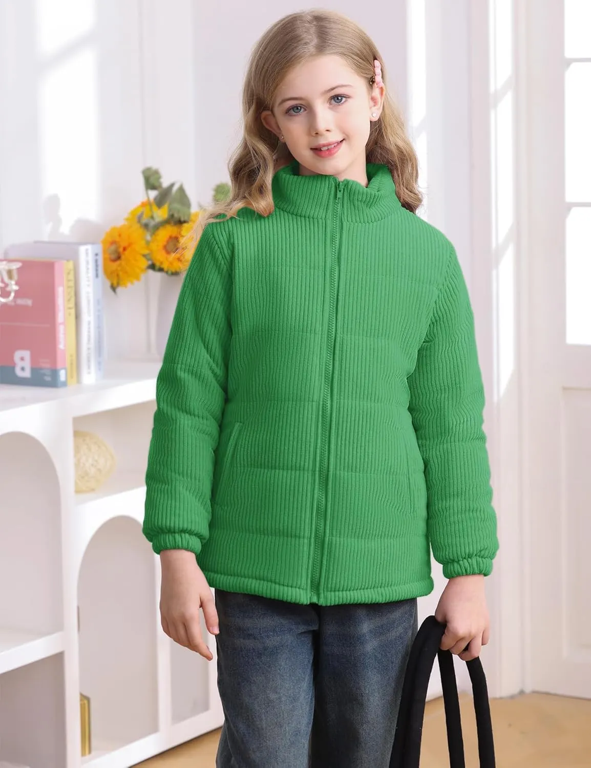Floral Find Girls Long Sleeve Winter Jacket Coats Zip Up Stand Collar Corduroy Quilted Outerwear Jackets with Pocket