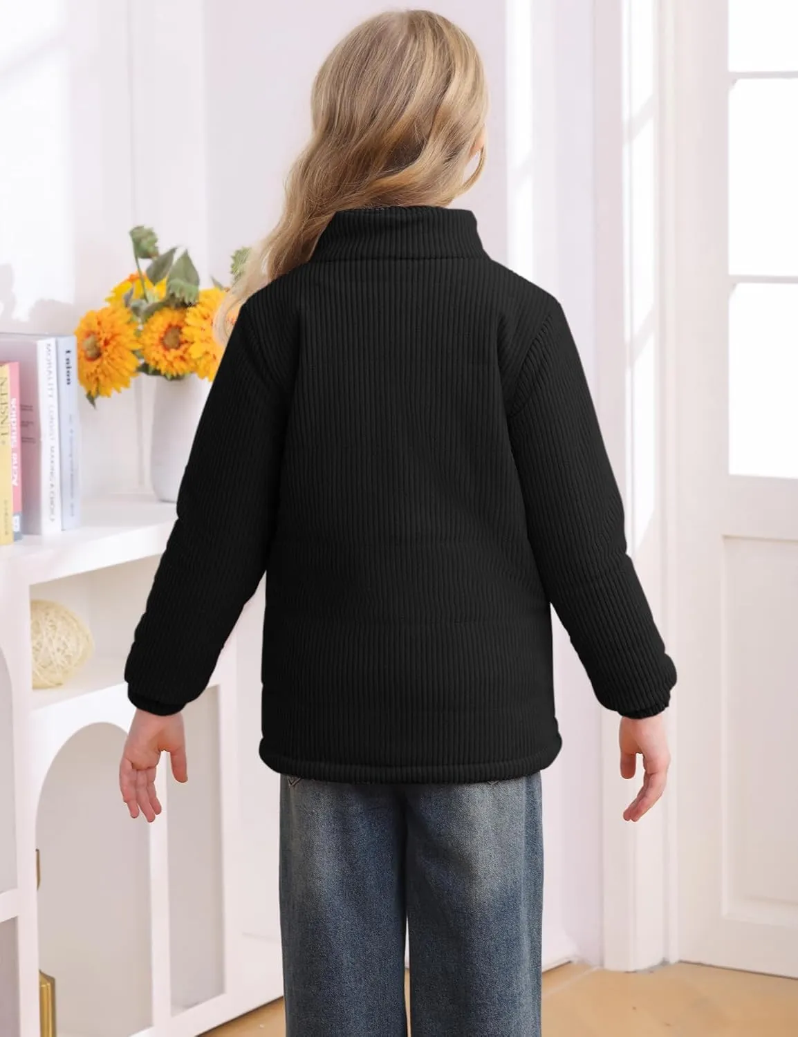 Floral Find Girls Long Sleeve Winter Jacket Coats Zip Up Stand Collar Corduroy Quilted Outerwear Jackets with Pocket