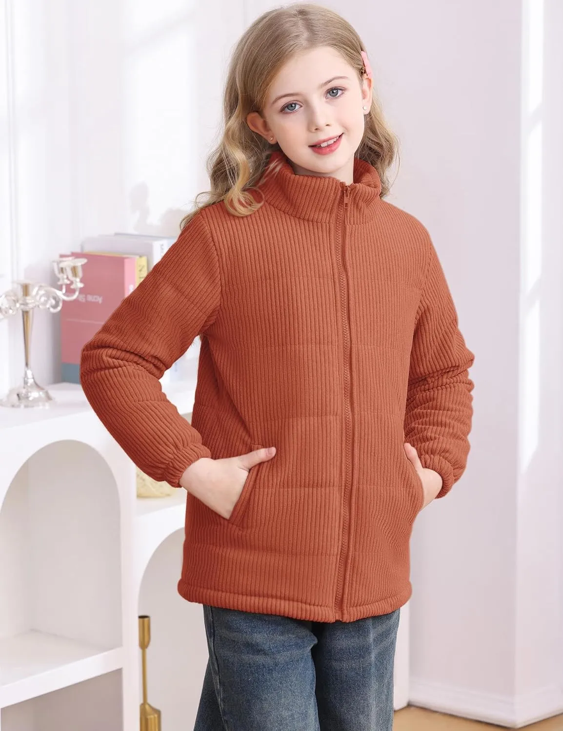 Floral Find Girls Long Sleeve Winter Jacket Coats Zip Up Stand Collar Corduroy Quilted Outerwear Jackets with Pocket