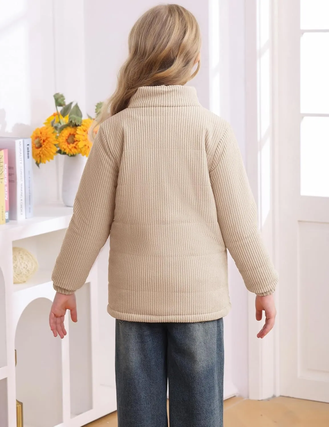 Floral Find Girls Long Sleeve Winter Jacket Coats Zip Up Stand Collar Corduroy Quilted Outerwear Jackets with Pocket
