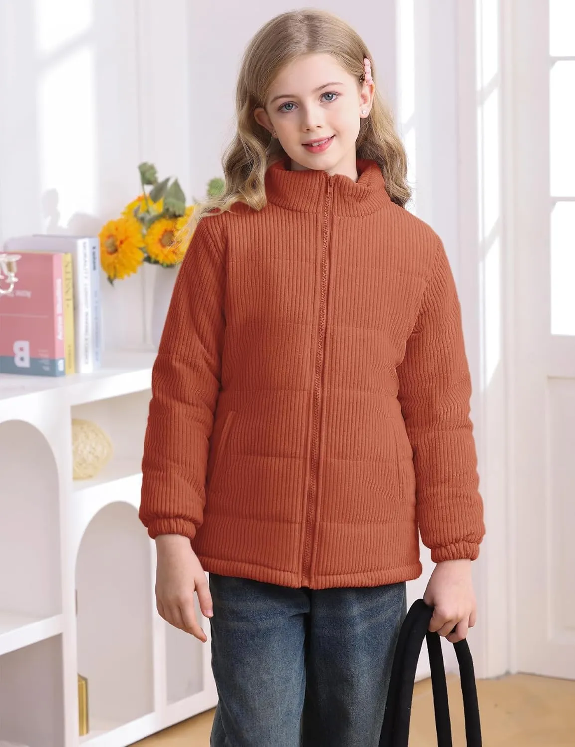 Floral Find Girls Long Sleeve Winter Jacket Coats Zip Up Stand Collar Corduroy Quilted Outerwear Jackets with Pocket