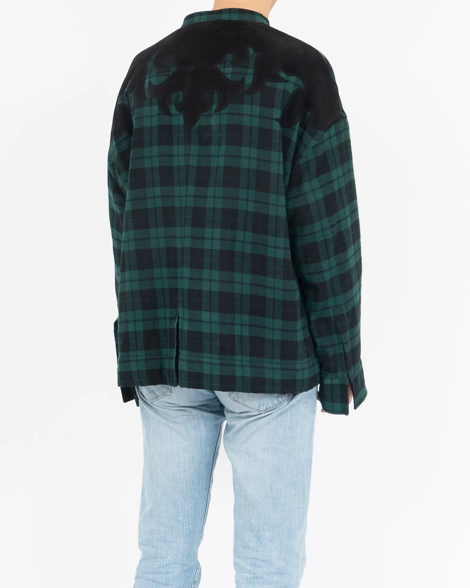 FW17 Quilted Mandarin Collar Green Checked Shirt Velvet Patch