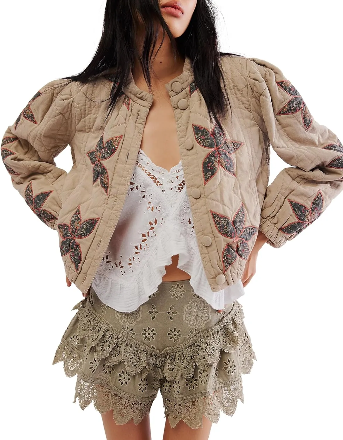 Gacaky Women's Lightweight Floral Embroidered Cropped Quilted Jacket Winter Warm Button Down Puffer Jacket Coat with Pockets