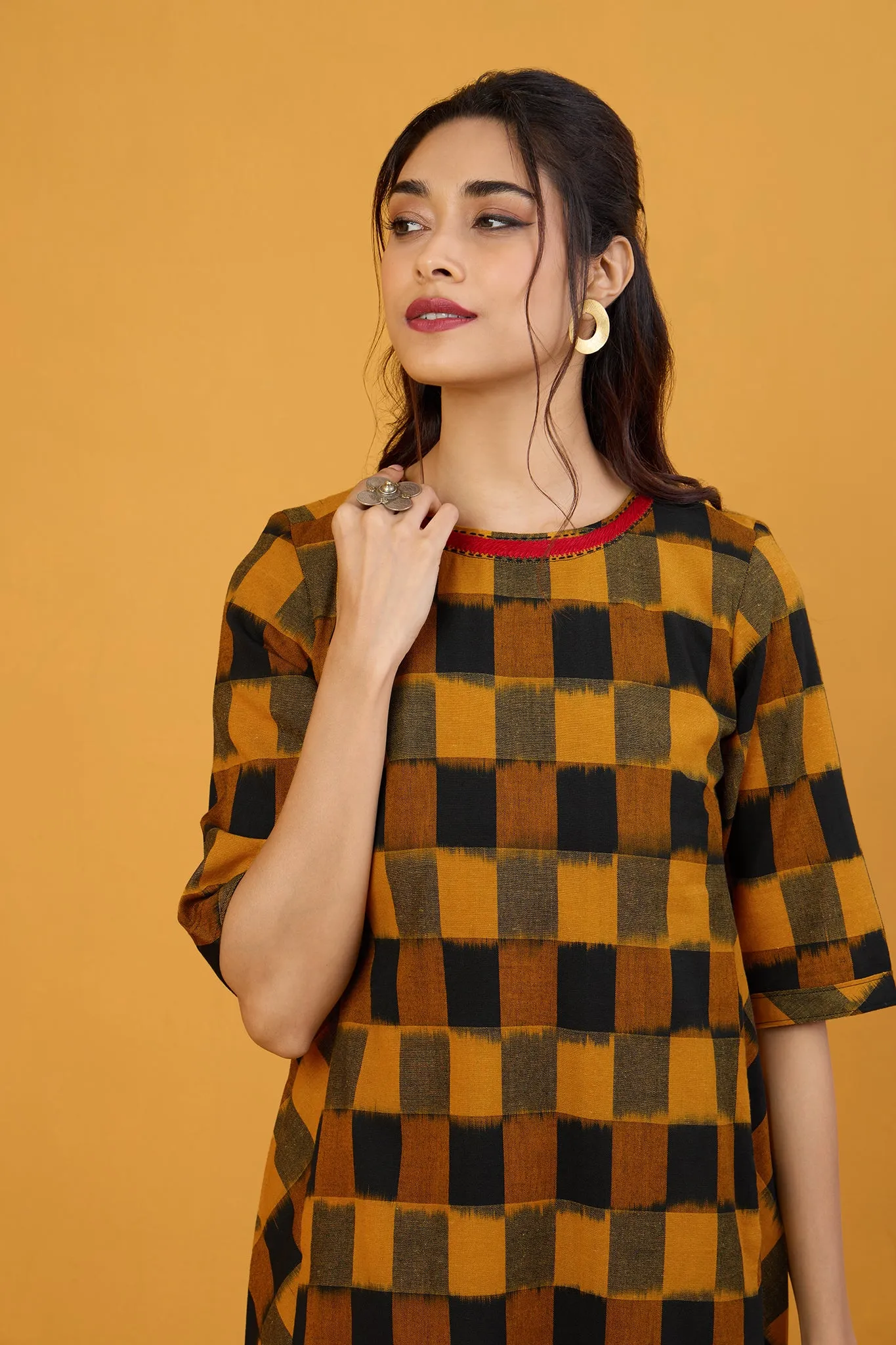 Golden Noir Checks Side Bias Shift Dress