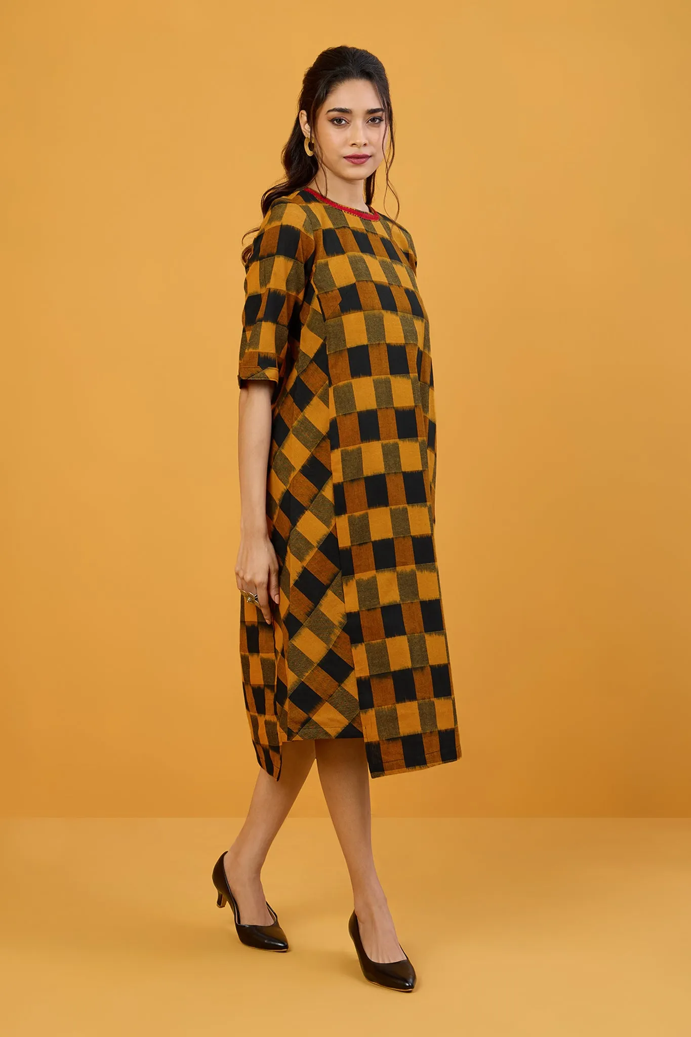 Golden Noir Checks Side Bias Shift Dress