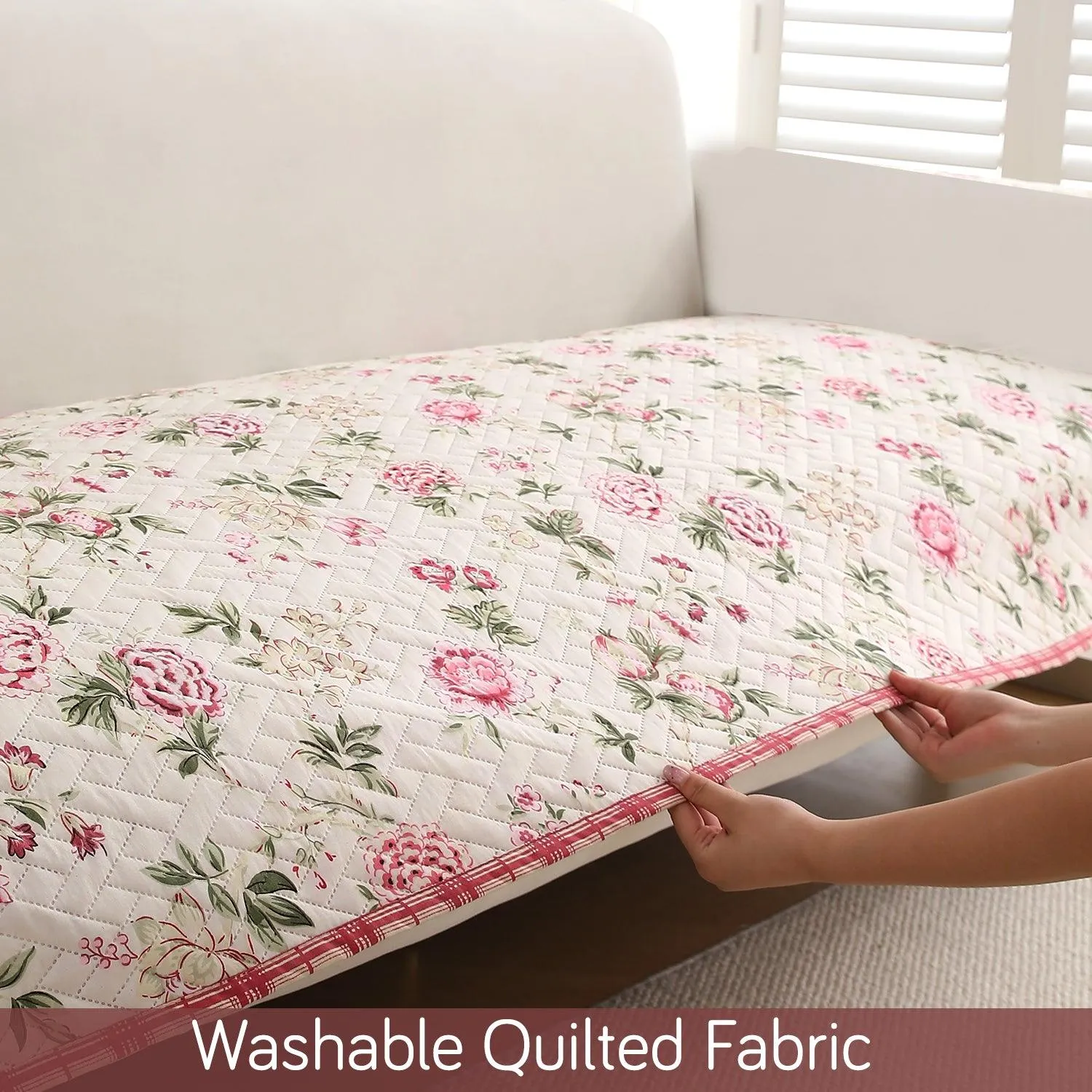 HOKIPO Quilted Sofa Cover Seat Mat for 1/2/3 Seater, Beige Peonies