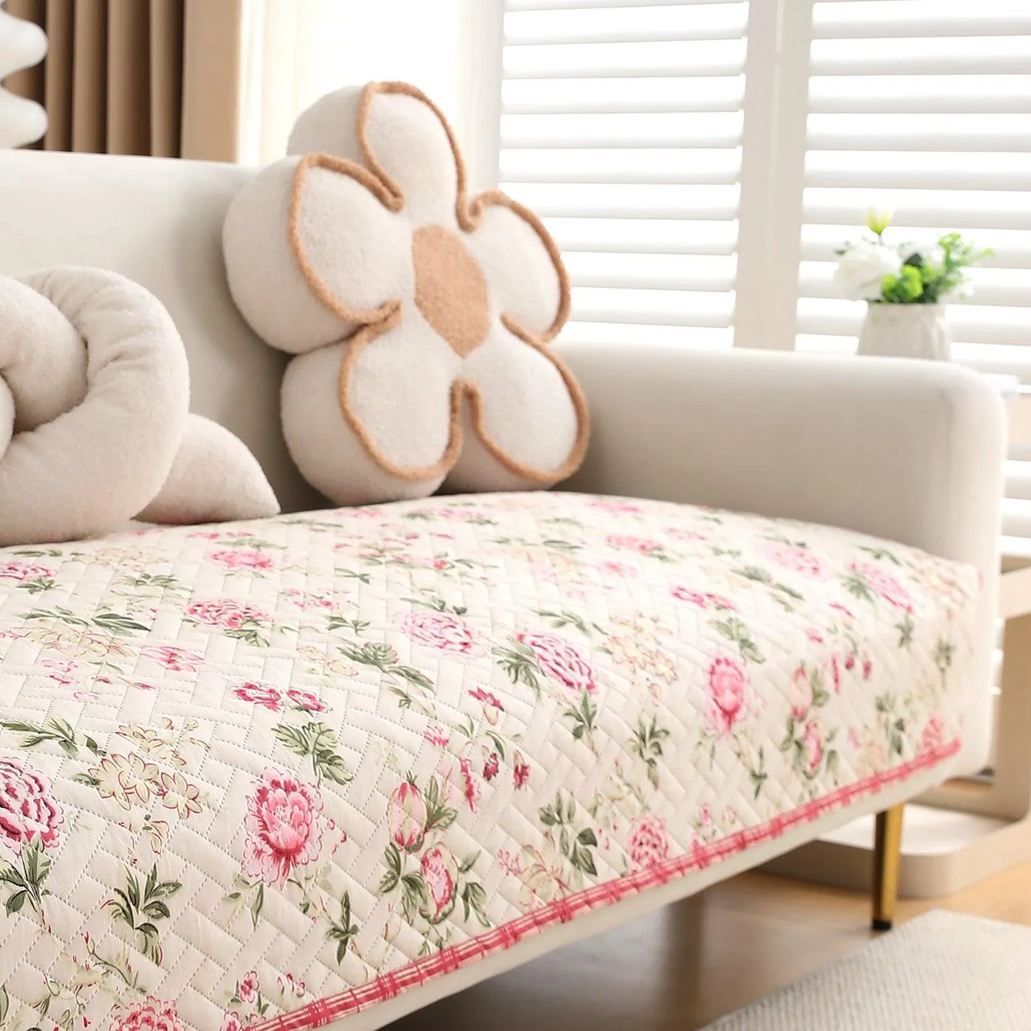 HOKIPO Quilted Sofa Cover Seat Mat for 1/2/3 Seater, Beige Peonies