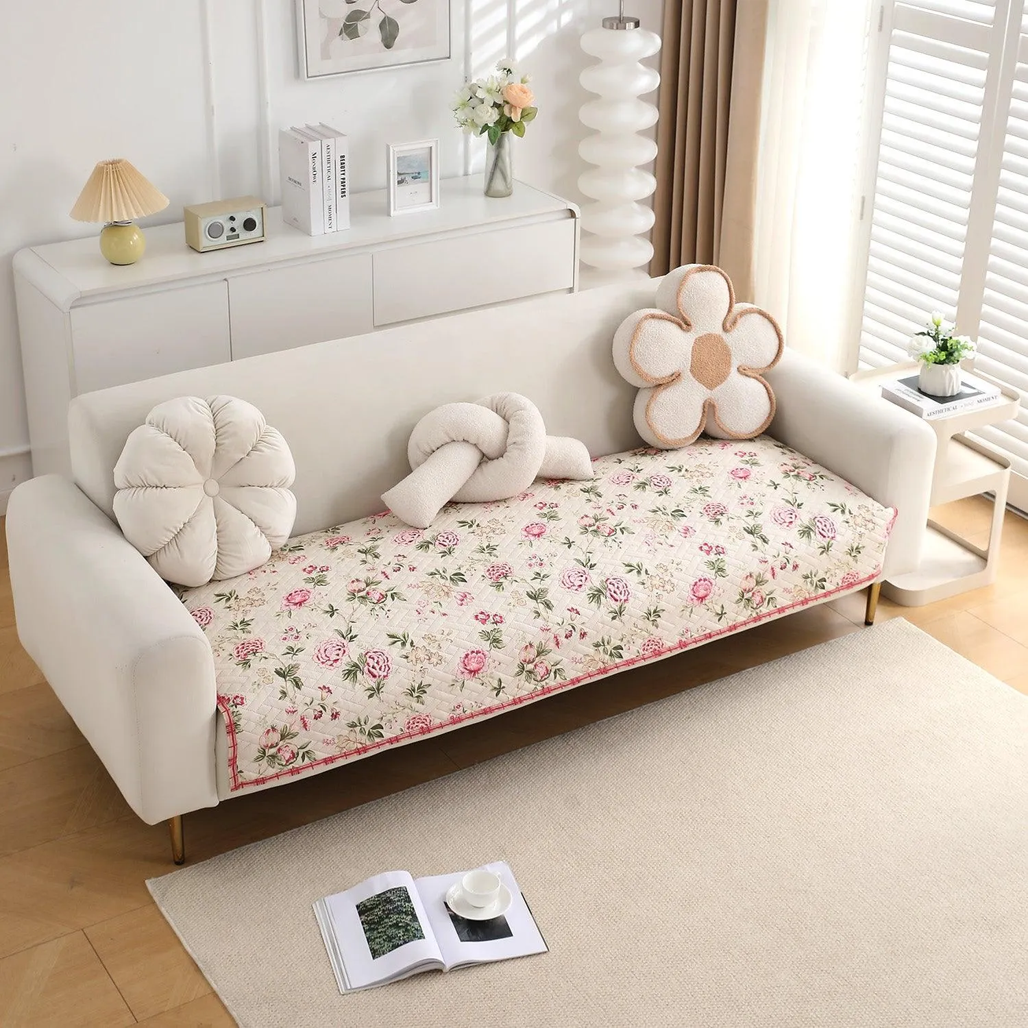 HOKIPO Quilted Sofa Cover Seat Mat for 1/2/3 Seater, Beige Peonies