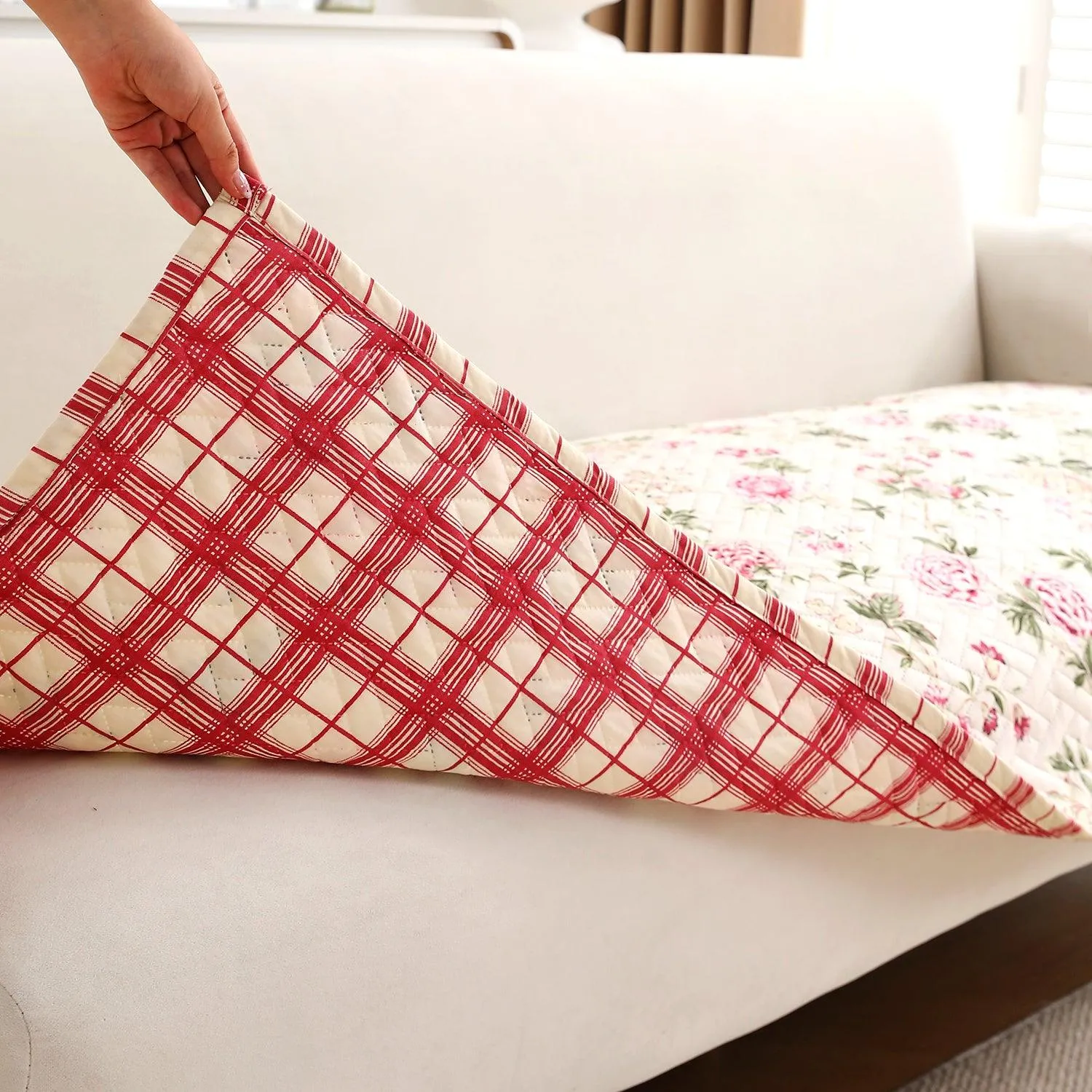 HOKIPO Quilted Sofa Cover Seat Mat for 1/2/3 Seater, Beige Peonies