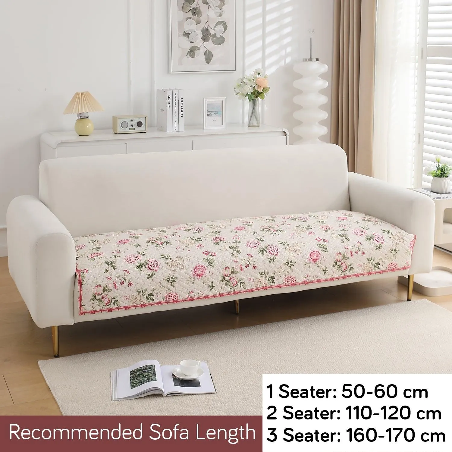 HOKIPO Quilted Sofa Cover Seat Mat for 1/2/3 Seater, Beige Peonies