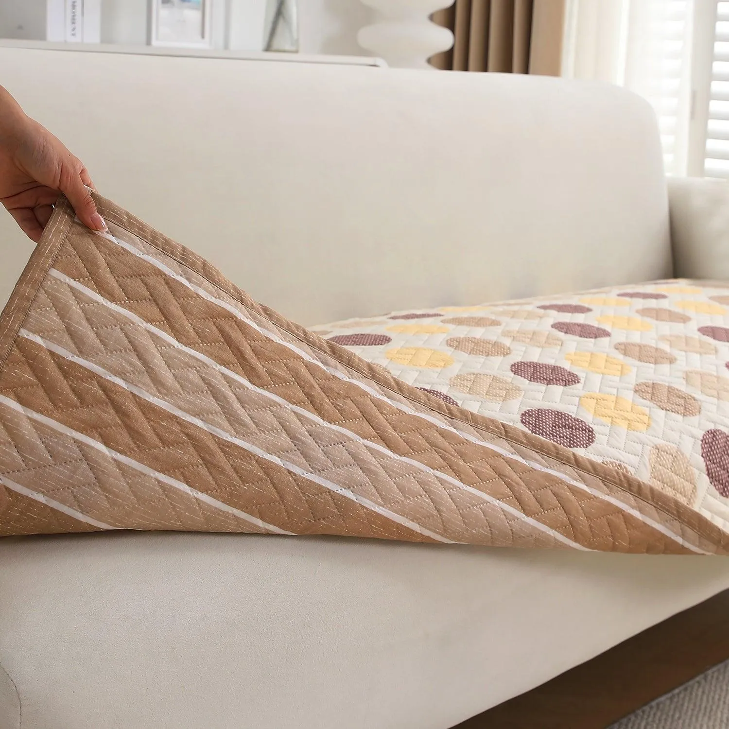 HOKIPO Quilted Sofa Cover Seat Mat for 1/2/3 Seater, Brown Polka Dot