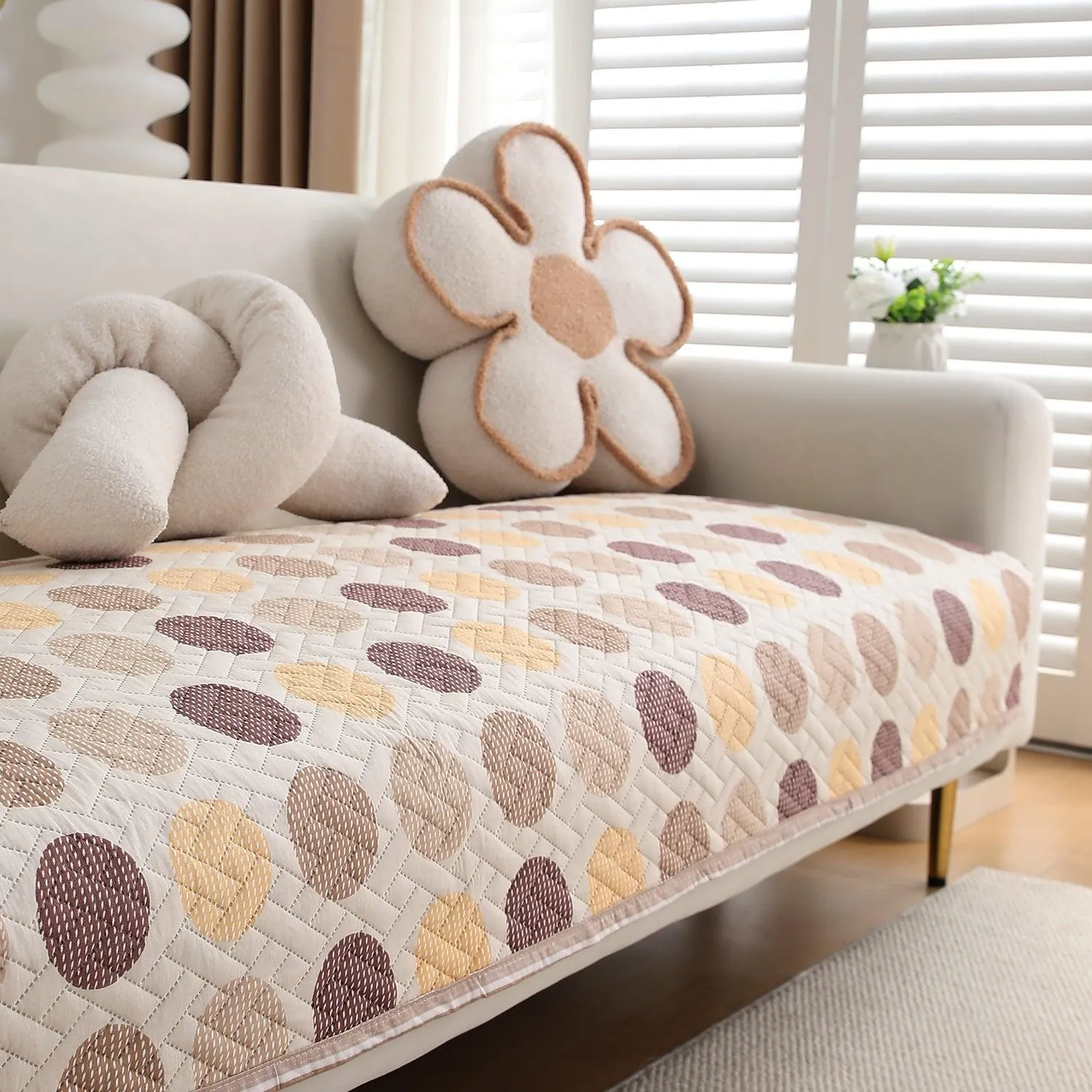 HOKIPO Quilted Sofa Cover Seat Mat for 1/2/3 Seater, Brown Polka Dot