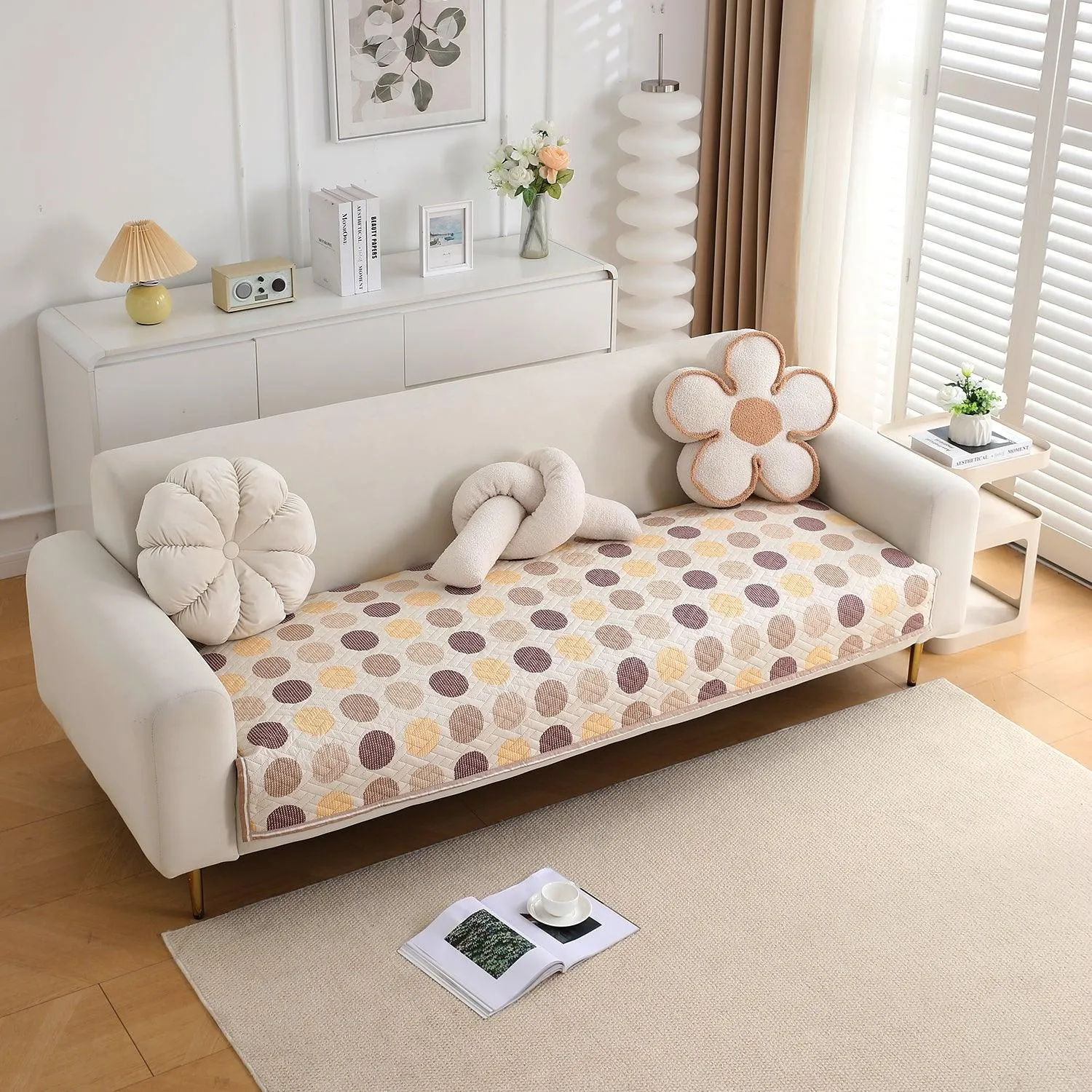 HOKIPO Quilted Sofa Cover Seat Mat for 1/2/3 Seater, Brown Polka Dot