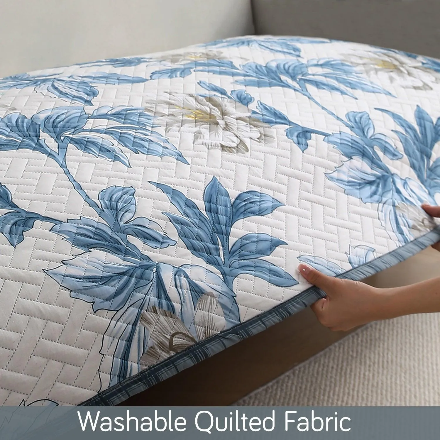 HOKIPO Quilted Sofa Cover Seat Mat for 1/2/3 Seater, Celadon Blue Camellia
