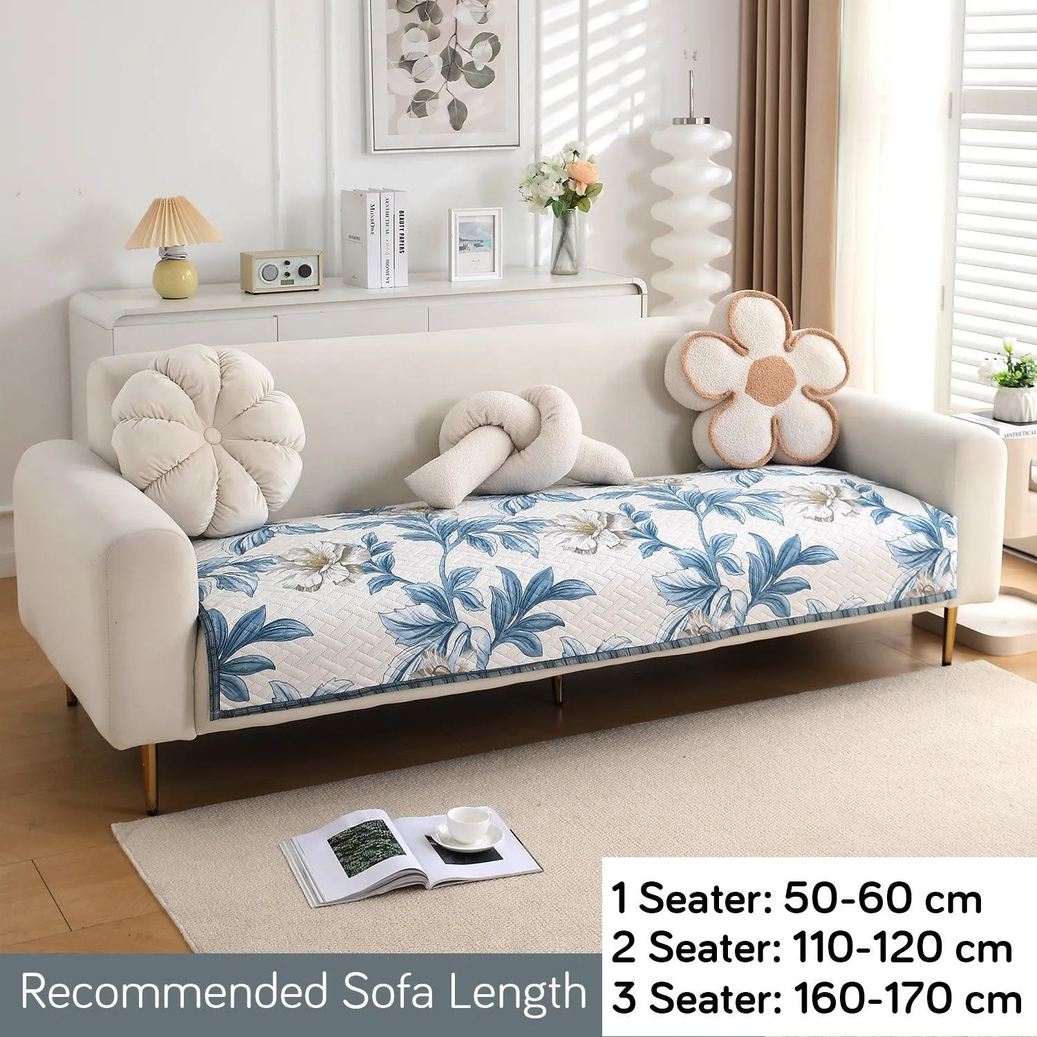 HOKIPO Quilted Sofa Cover Seat Mat for 1/2/3 Seater, Celadon Blue Camellia