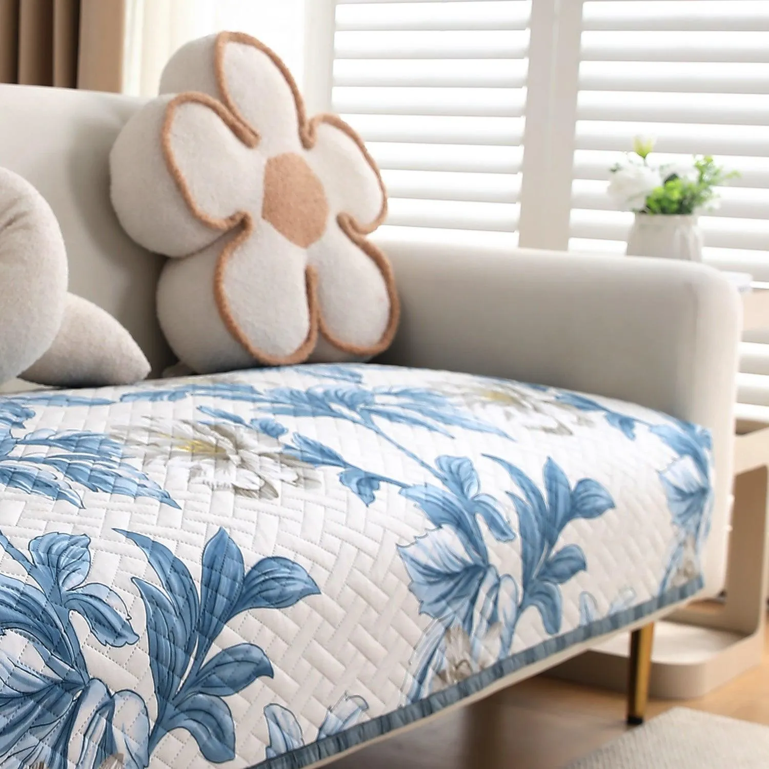 HOKIPO Quilted Sofa Cover Seat Mat for 1/2/3 Seater, Celadon Blue Camellia