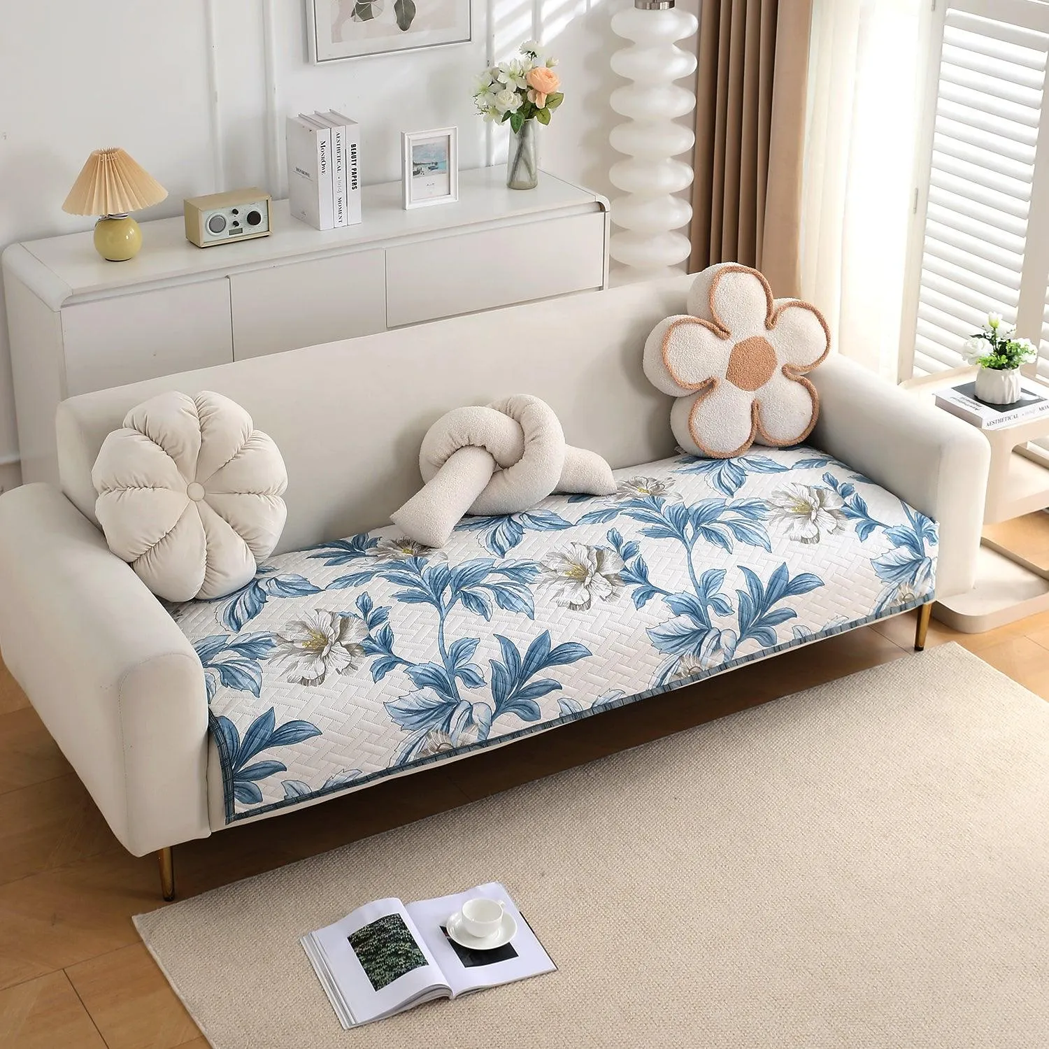 HOKIPO Quilted Sofa Cover Seat Mat for 1/2/3 Seater, Celadon Blue Camellia
