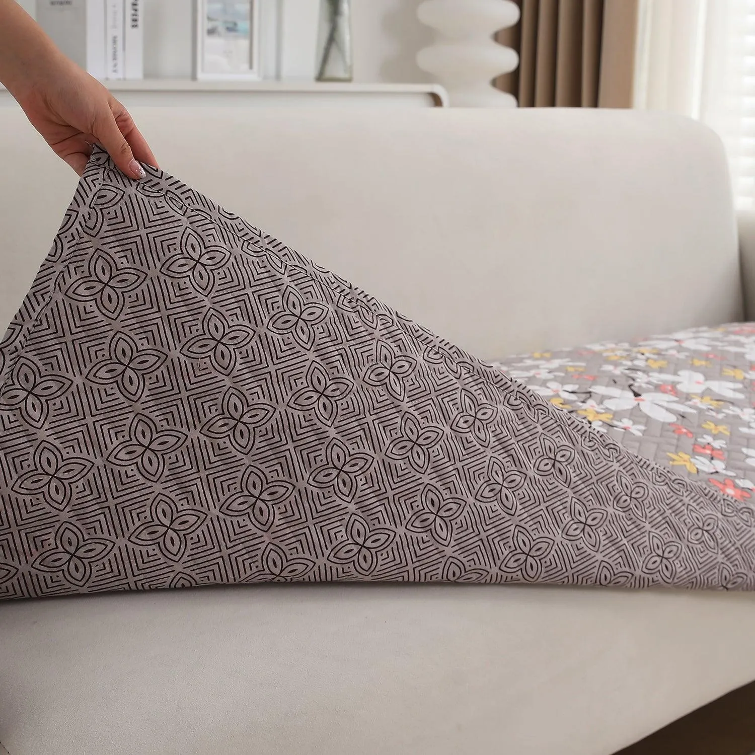 HOKIPO Quilted Sofa Cover Seat Mat for 1/2/3 Seater, Pastel Brown Sandwort Flower