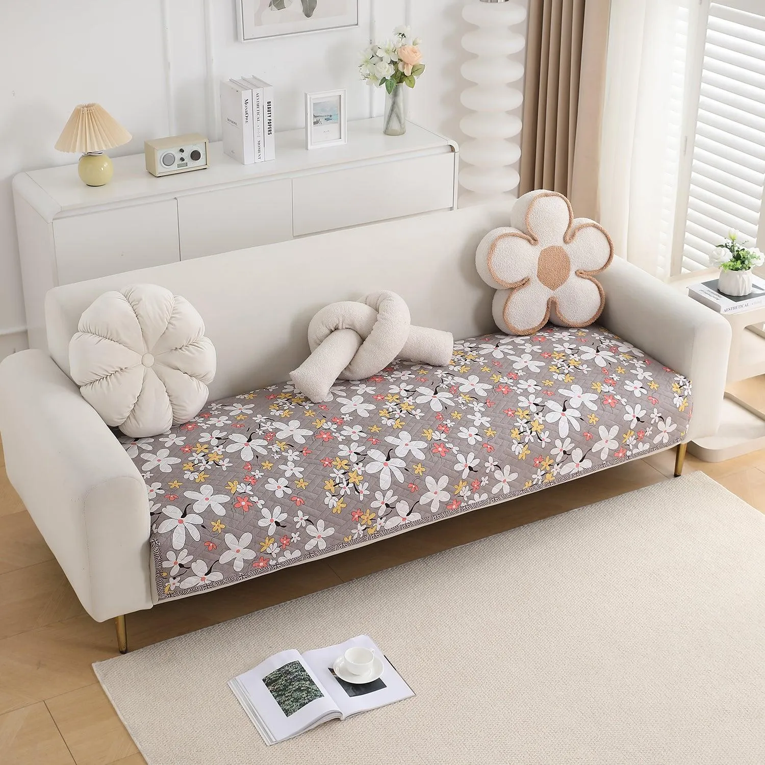 HOKIPO Quilted Sofa Cover Seat Mat for 1/2/3 Seater, Pastel Brown Sandwort Flower