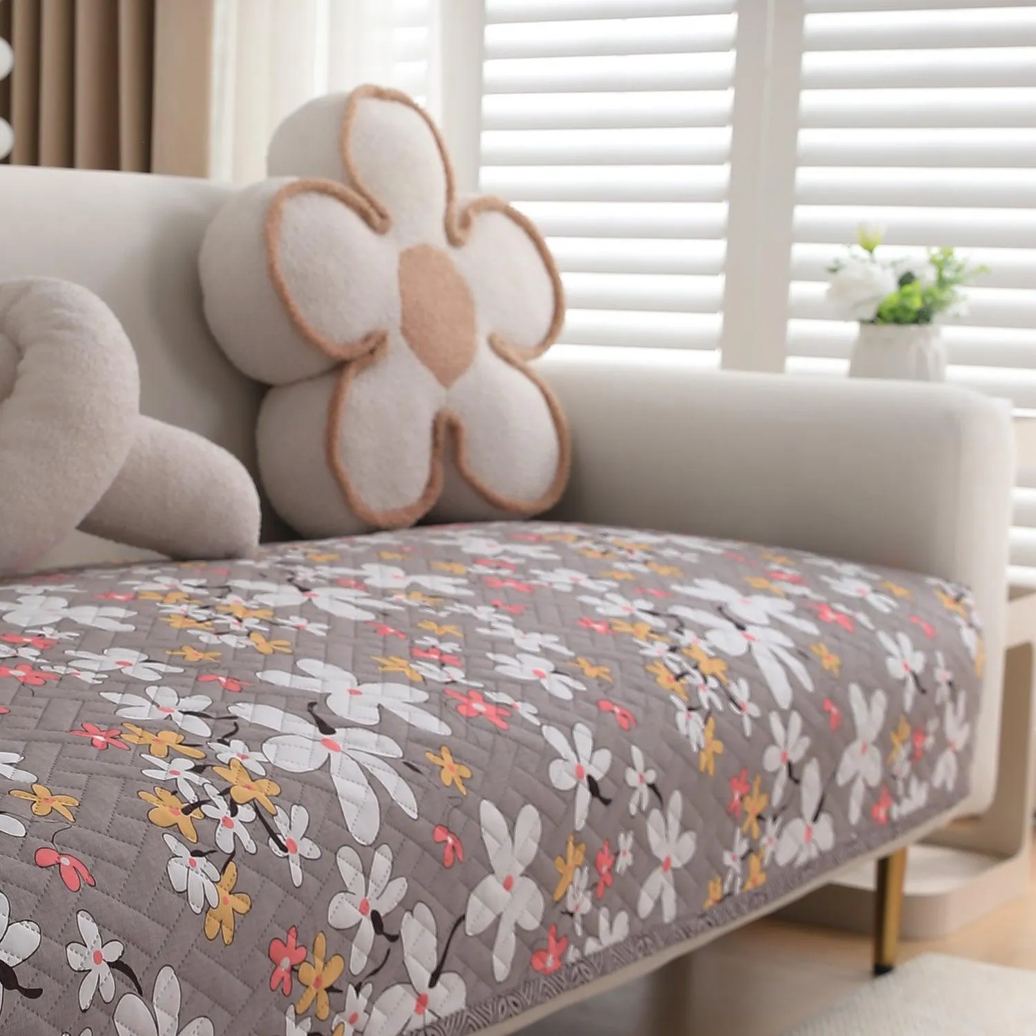 HOKIPO Quilted Sofa Cover Seat Mat for 1/2/3 Seater, Pastel Brown Sandwort Flower