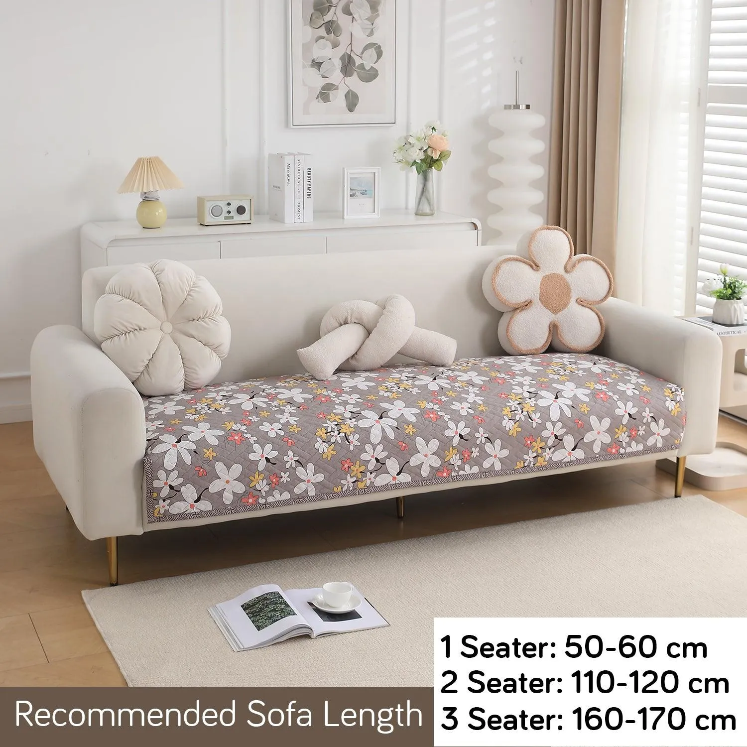 HOKIPO Quilted Sofa Cover Seat Mat for 1/2/3 Seater, Pastel Brown Sandwort Flower