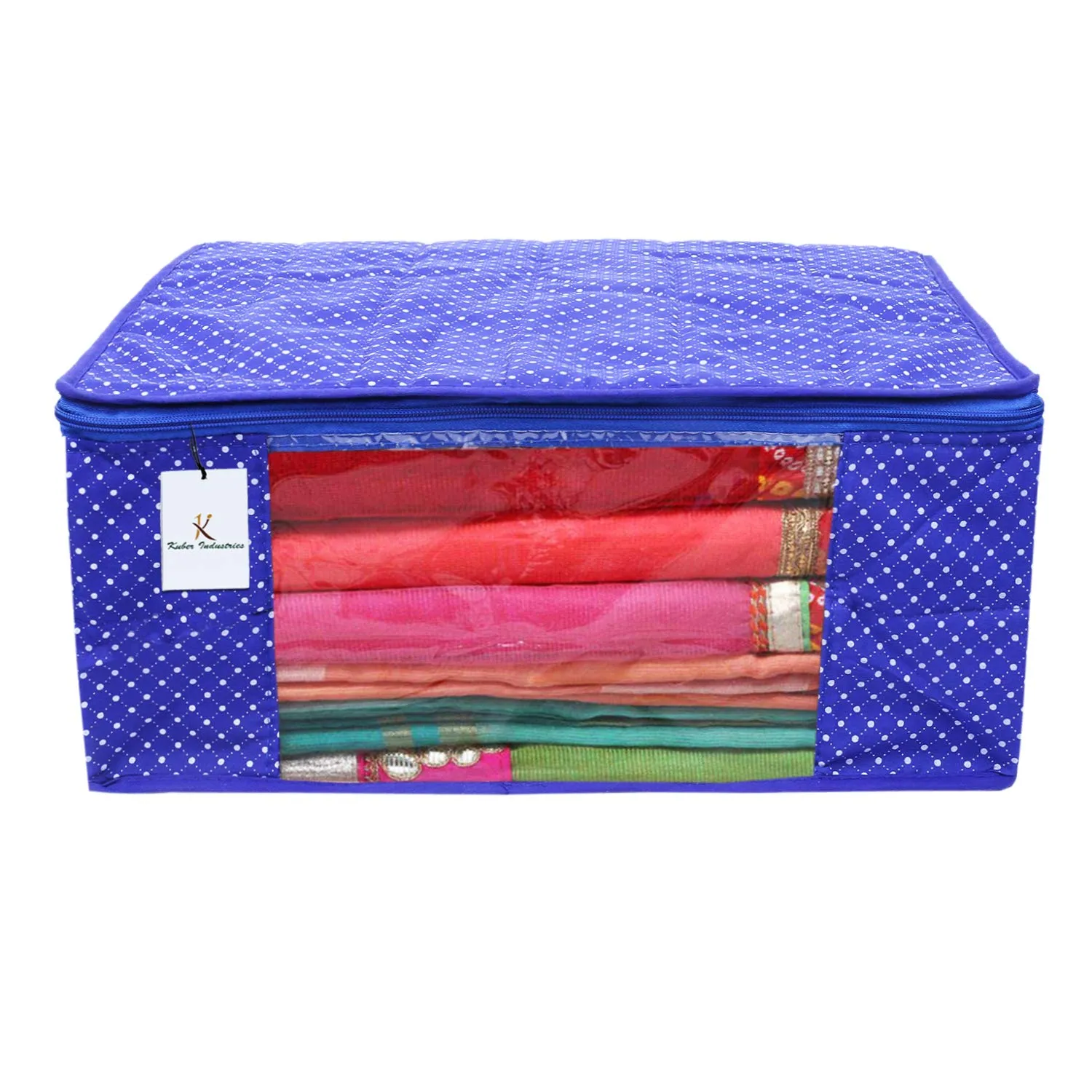 Kuber Industries Polka Dots 1 Piece Cotton 3 Layered Quilted Saree Cover, Blue-CTKTC21275
