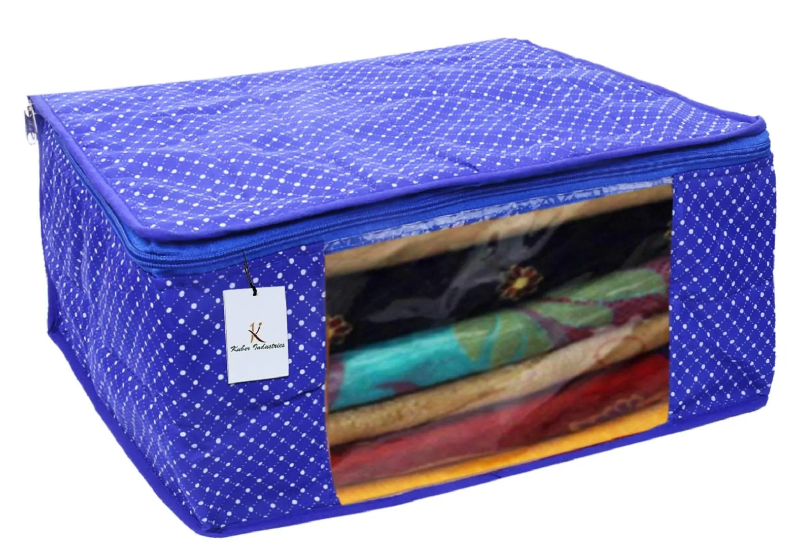 Kuber Industries Polka Dots 1 Piece Cotton 3 Layered Quilted Saree Cover, Blue-CTKTC21275