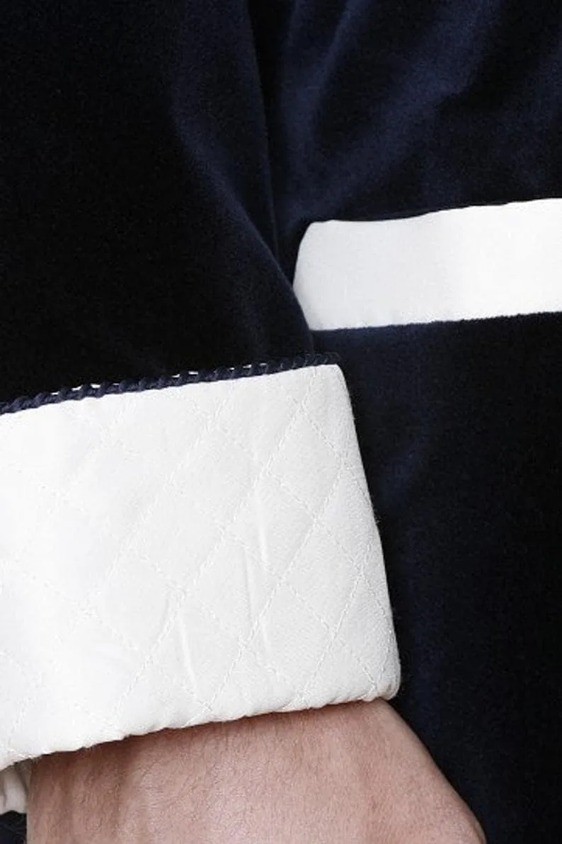 Luxury Velvet Smoking Jacket, Black with White Quilted Shawl Collar, Men's Dressing Gown
