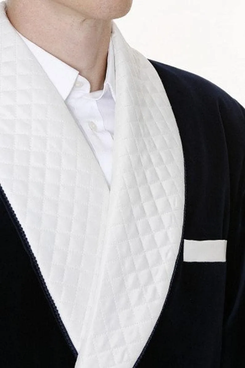 Luxury Velvet Smoking Jacket, Black with White Quilted Shawl Collar, Men's Dressing Gown