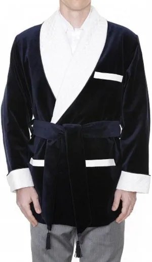 Luxury Velvet Smoking Jacket, Black with White Quilted Shawl Collar, Men's Dressing Gown