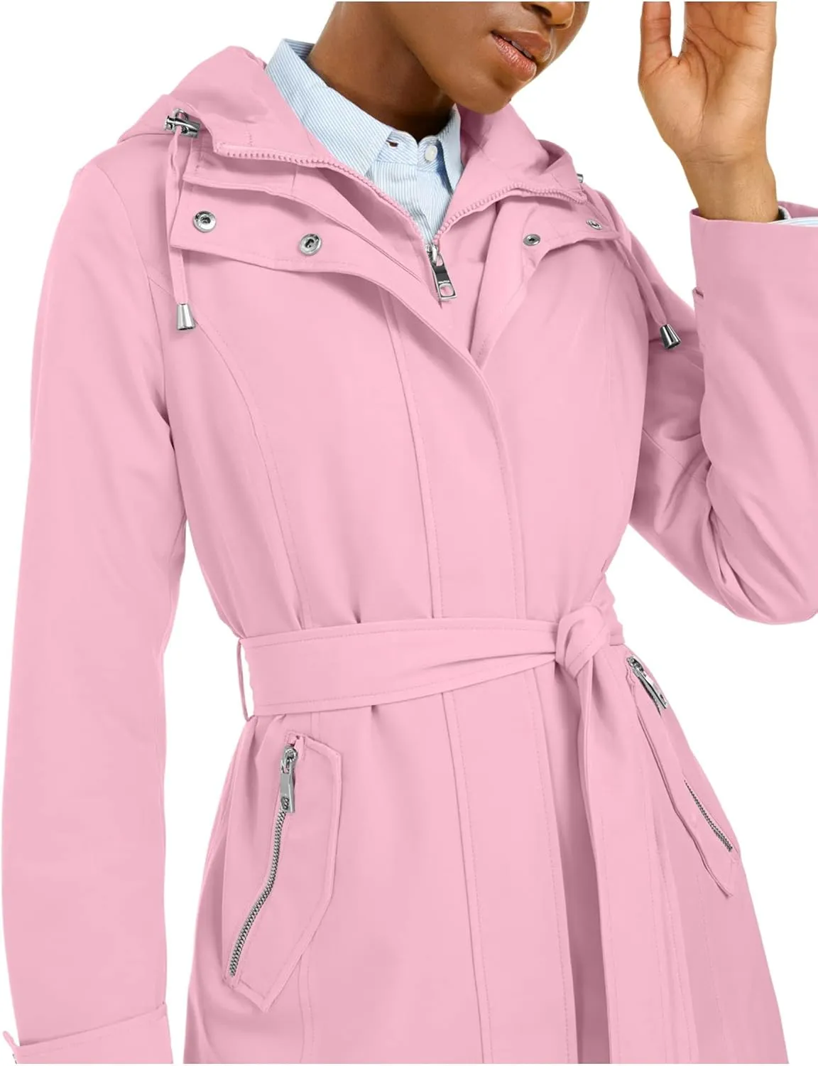 Nautica Women's Hooded Raincoat with Belt Jacket