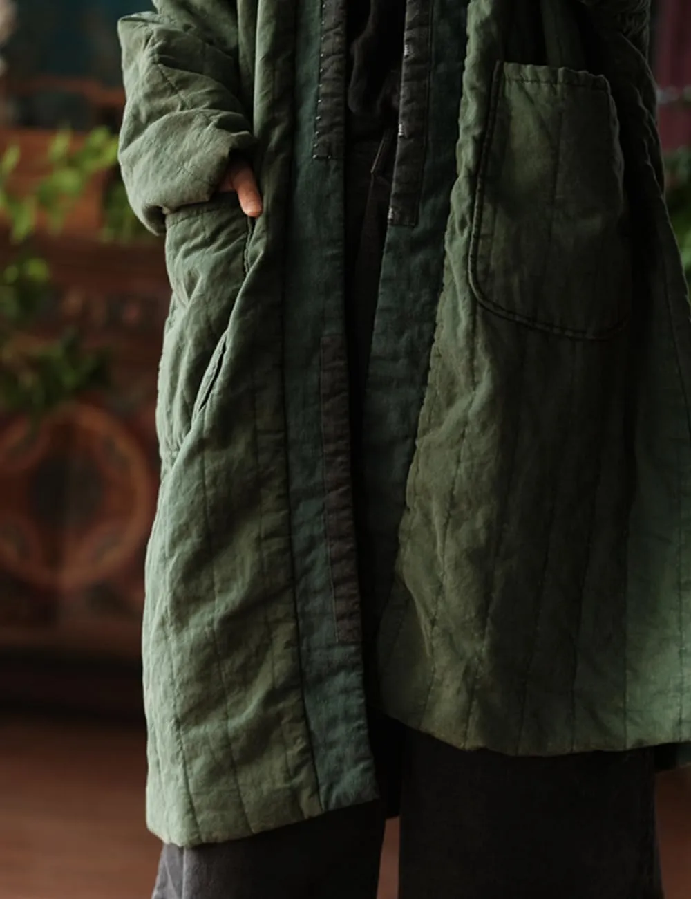 NFYM Women's Quilted Knee Length Coat Open Front Kimono Style Jacket Handmade Threading Outwear for Winter