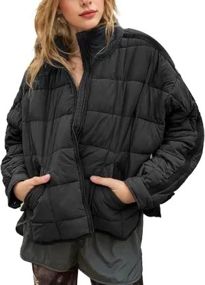Omoone Women's Quilted Puffer Jacket Zip Up Oversized Lightweight Padded Down Coat Outerwear