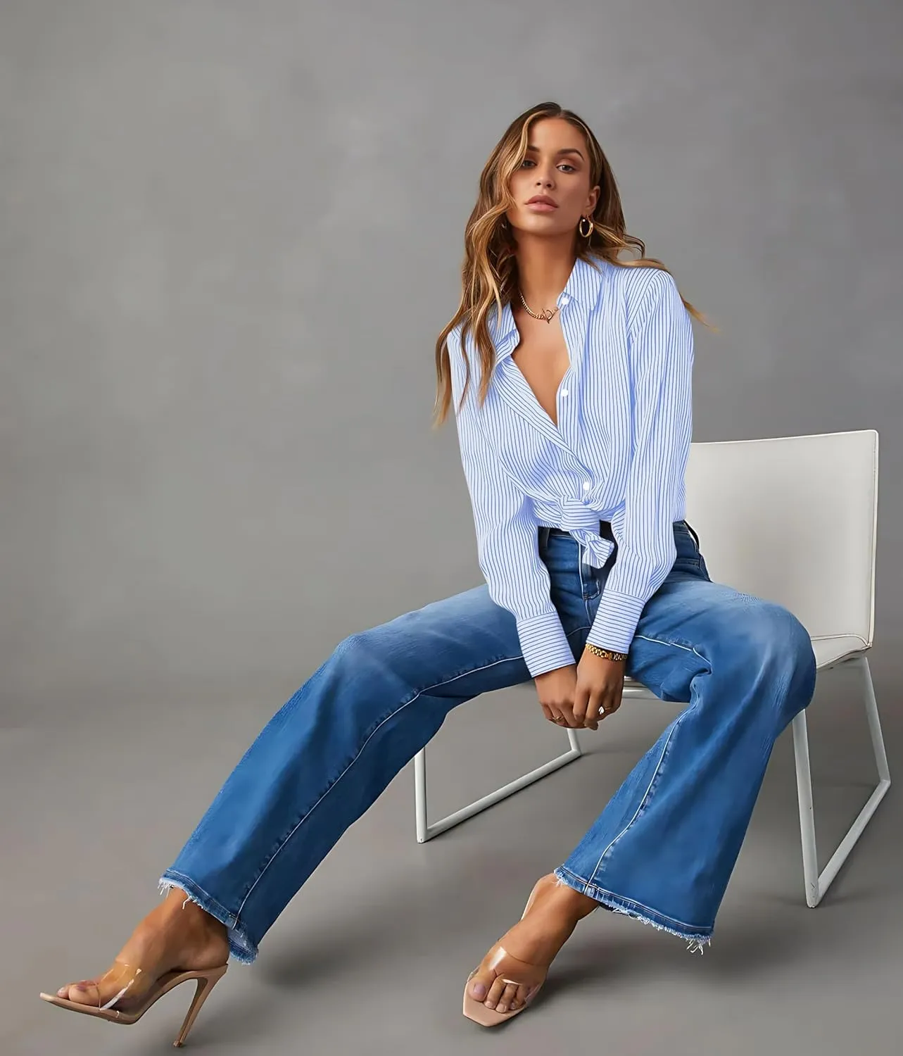 OMSJ Womens Striped Button Down Shirts Casual Long Sleeve Stylish Collared Office Work Blouses Tops