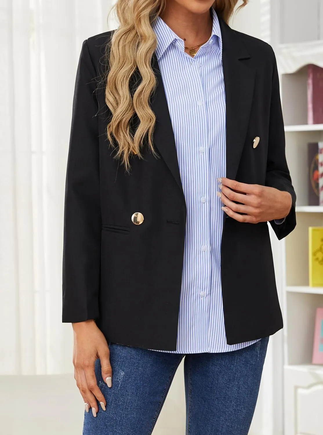 OMSJ Womens Striped Button Down Shirts Casual Long Sleeve Stylish Collared Office Work Blouses Tops
