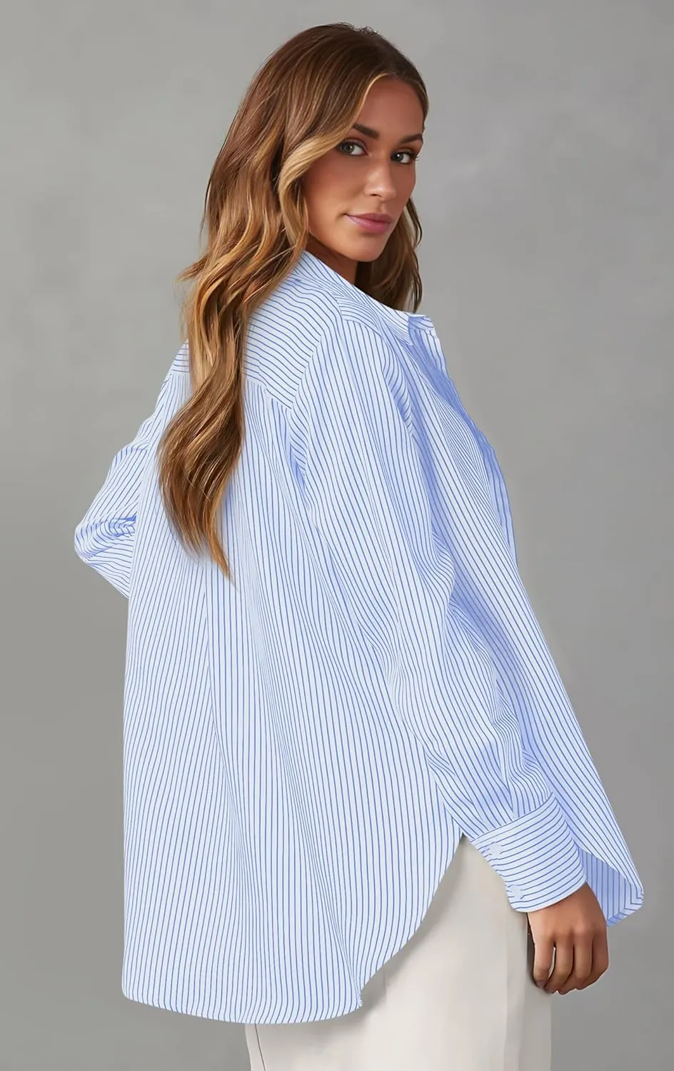 OMSJ Womens Striped Button Down Shirts Casual Long Sleeve Stylish Collared Office Work Blouses Tops