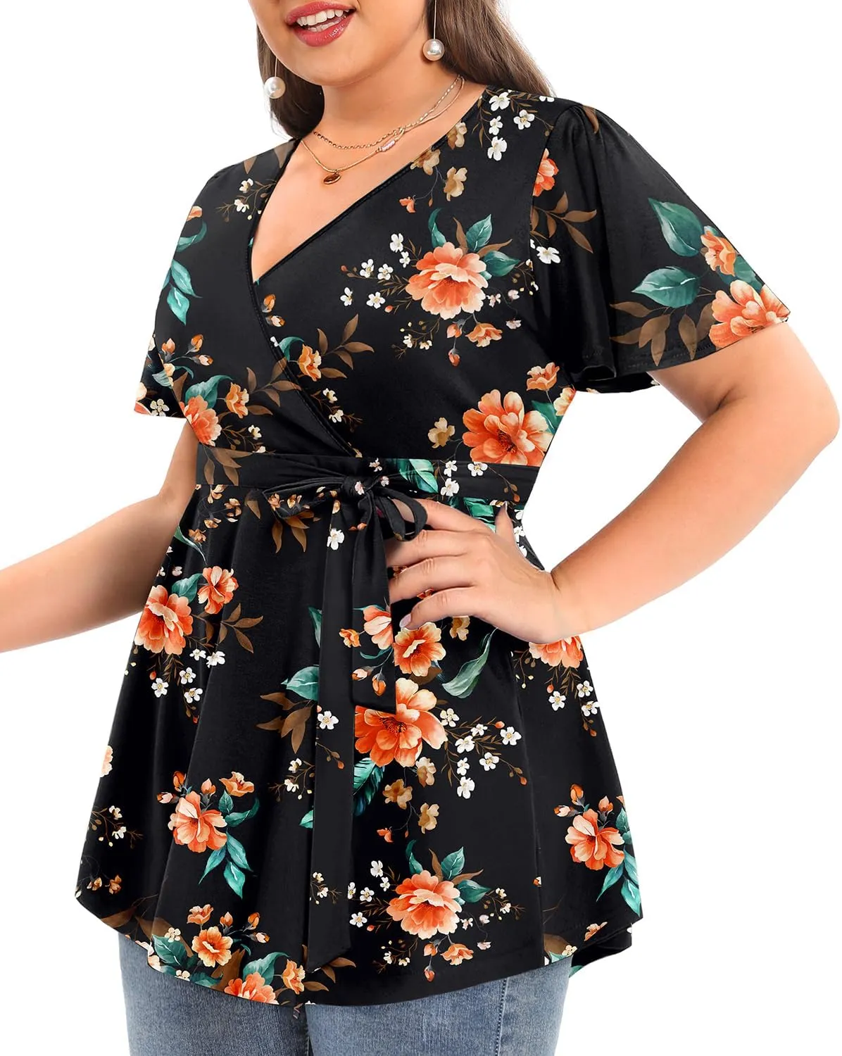 Pinup Fashion Women's Plus Size Floral Print Short Sleeve Summer Belt Tie Wrap Tunic Top 1X-5X