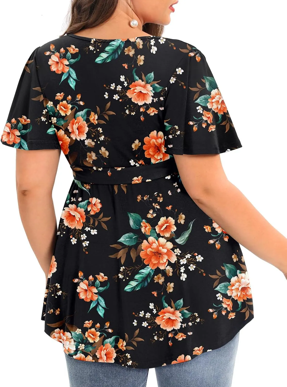 Pinup Fashion Women's Plus Size Floral Print Short Sleeve Summer Belt Tie Wrap Tunic Top 1X-5X