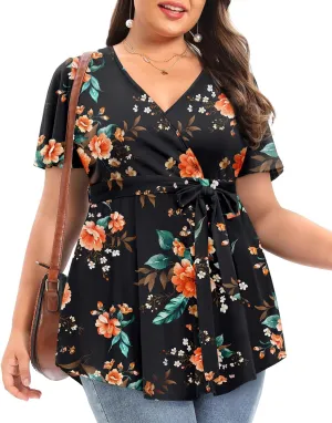 Pinup Fashion Women's Plus Size Floral Print Short Sleeve Summer Belt Tie Wrap Tunic Top 1X-5X