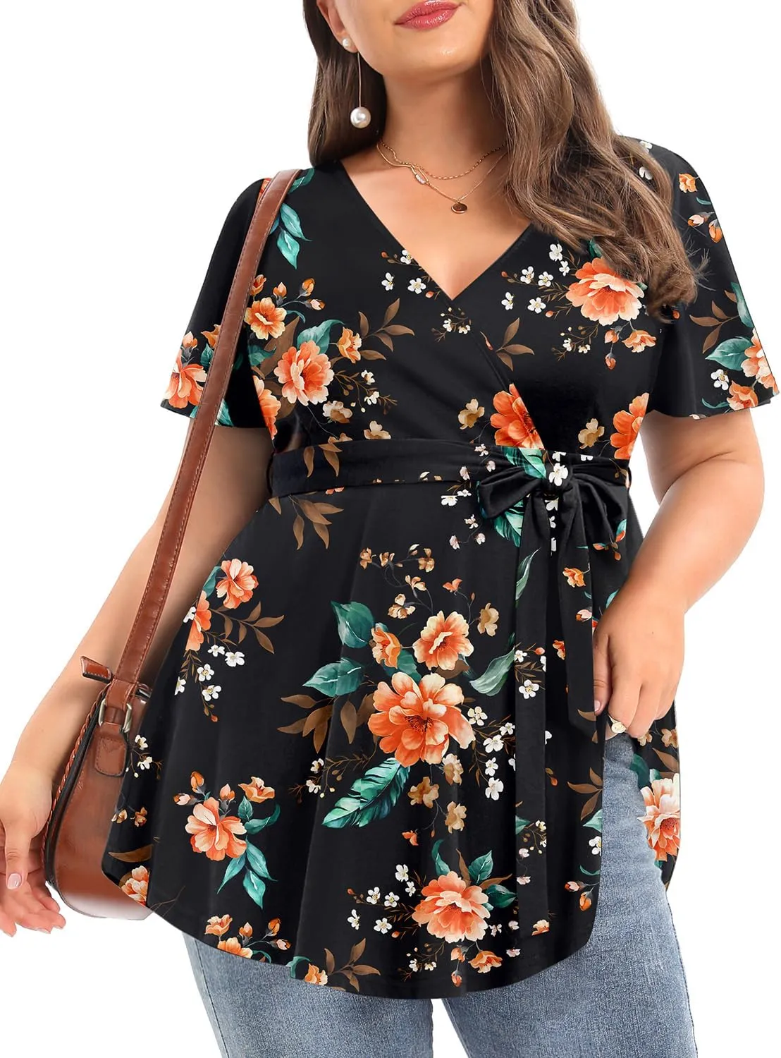 Pinup Fashion Women's Plus Size Floral Print Short Sleeve Summer Belt Tie Wrap Tunic Top 1X-5X