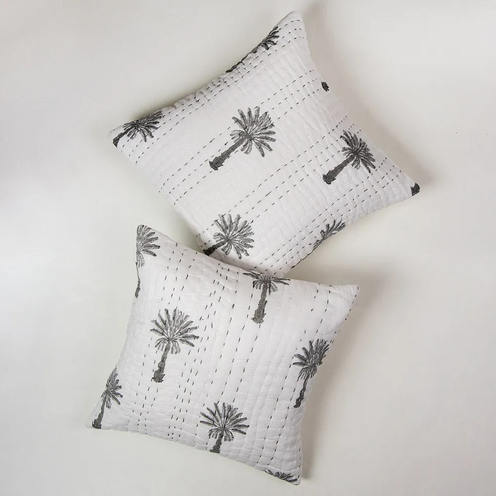 Premium Grey Palm Tree Printed Cotton Kantha Sofa Cushion Covers