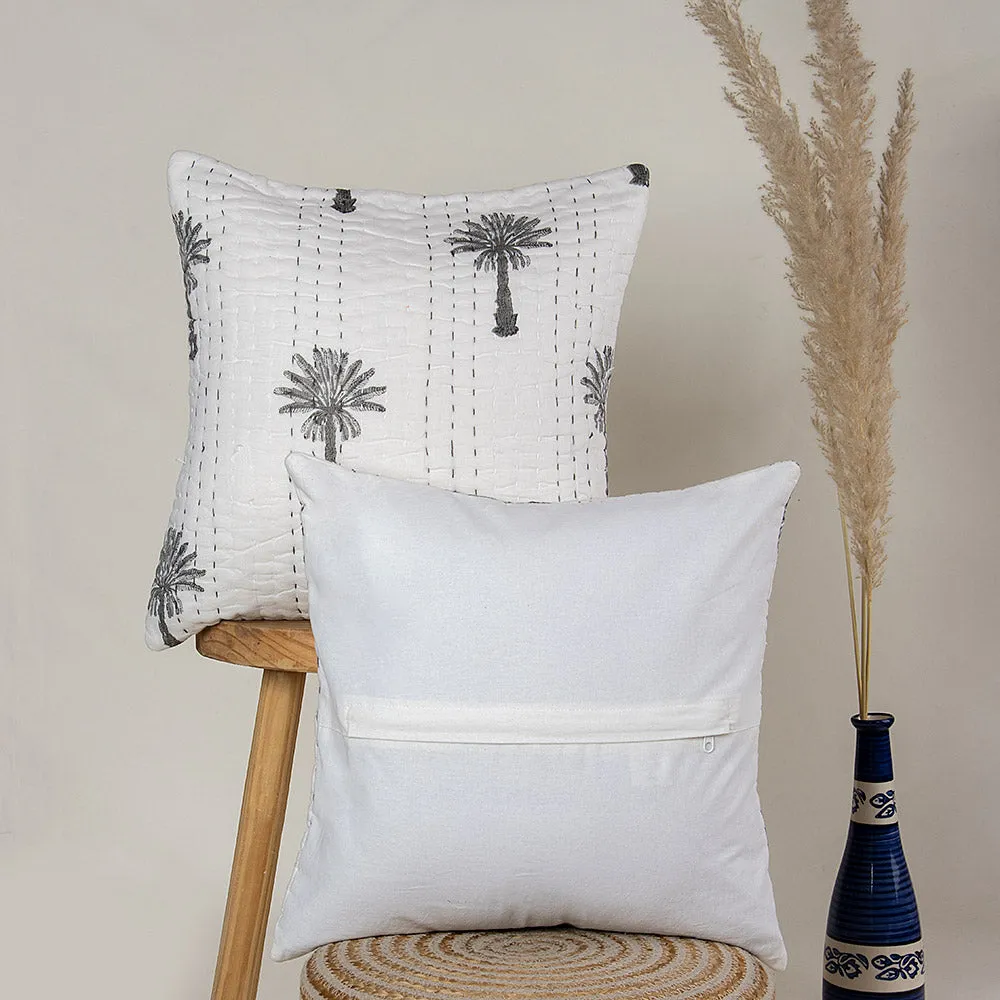 Premium Grey Palm Tree Printed Cotton Kantha Sofa Cushion Covers