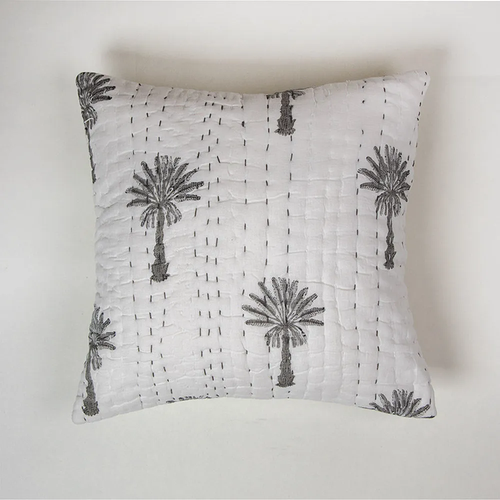 Premium Grey Palm Tree Printed Cotton Kantha Sofa Cushion Covers
