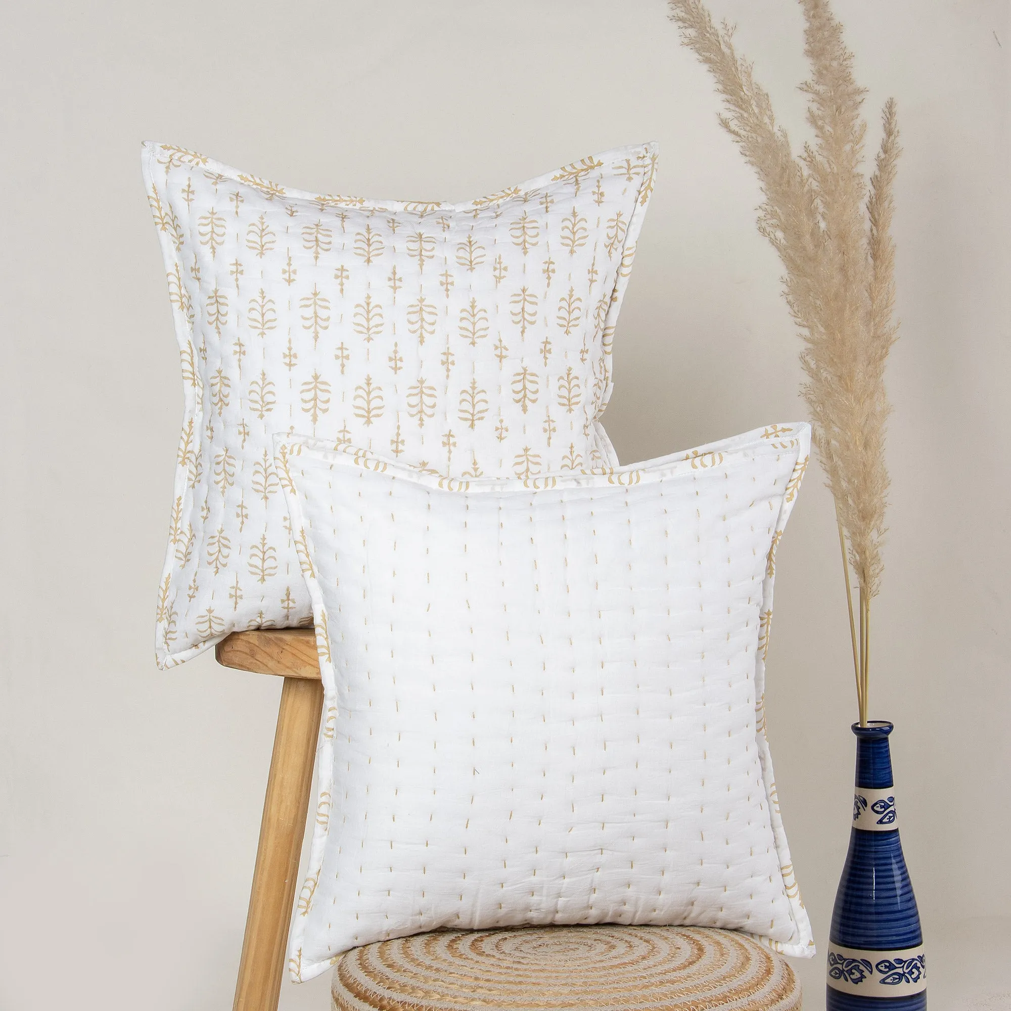 Premium Hand Block Leaf Printed Kantha Cushion Covers