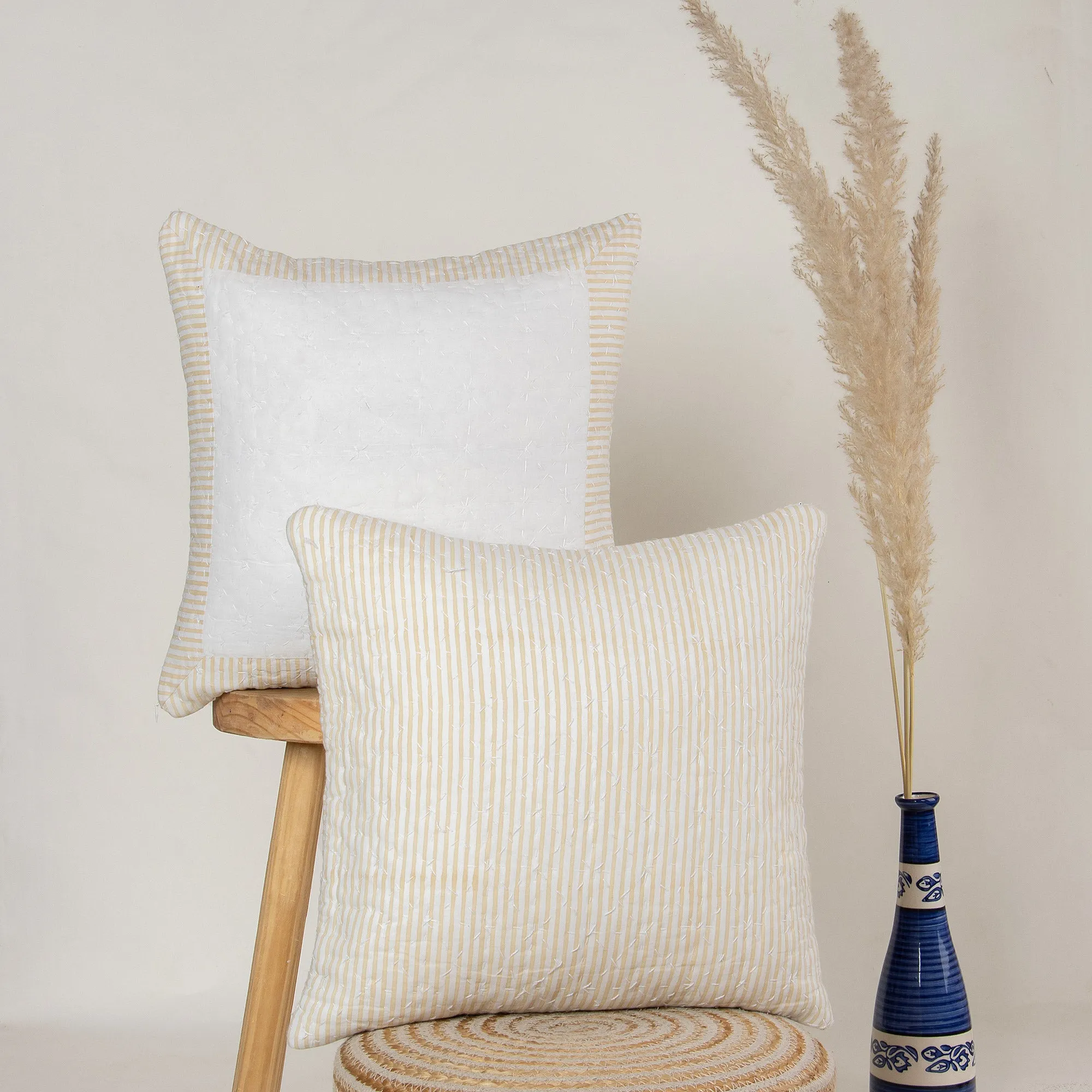 Premium Stripes Printed Kantha Cotton Cushion Cover