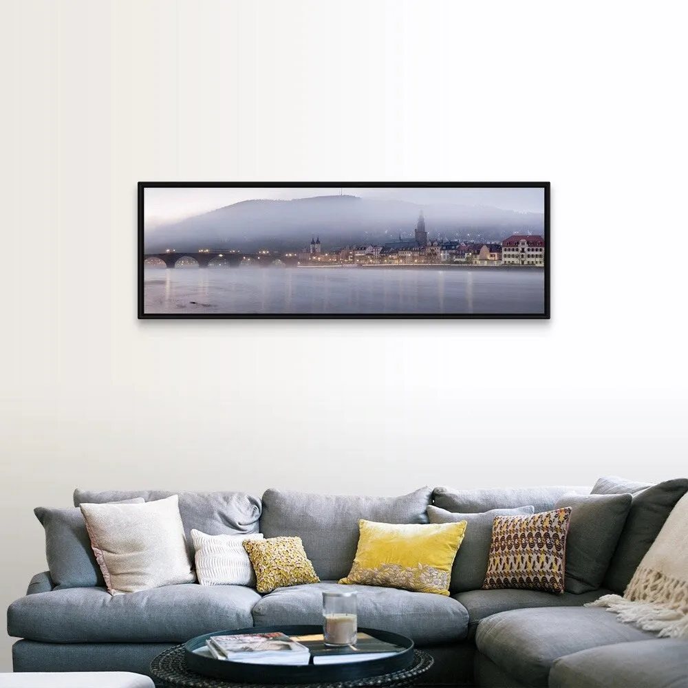 "Bridge across a river with city lit up at morning, Germany" Black Float Frame Canvas Art