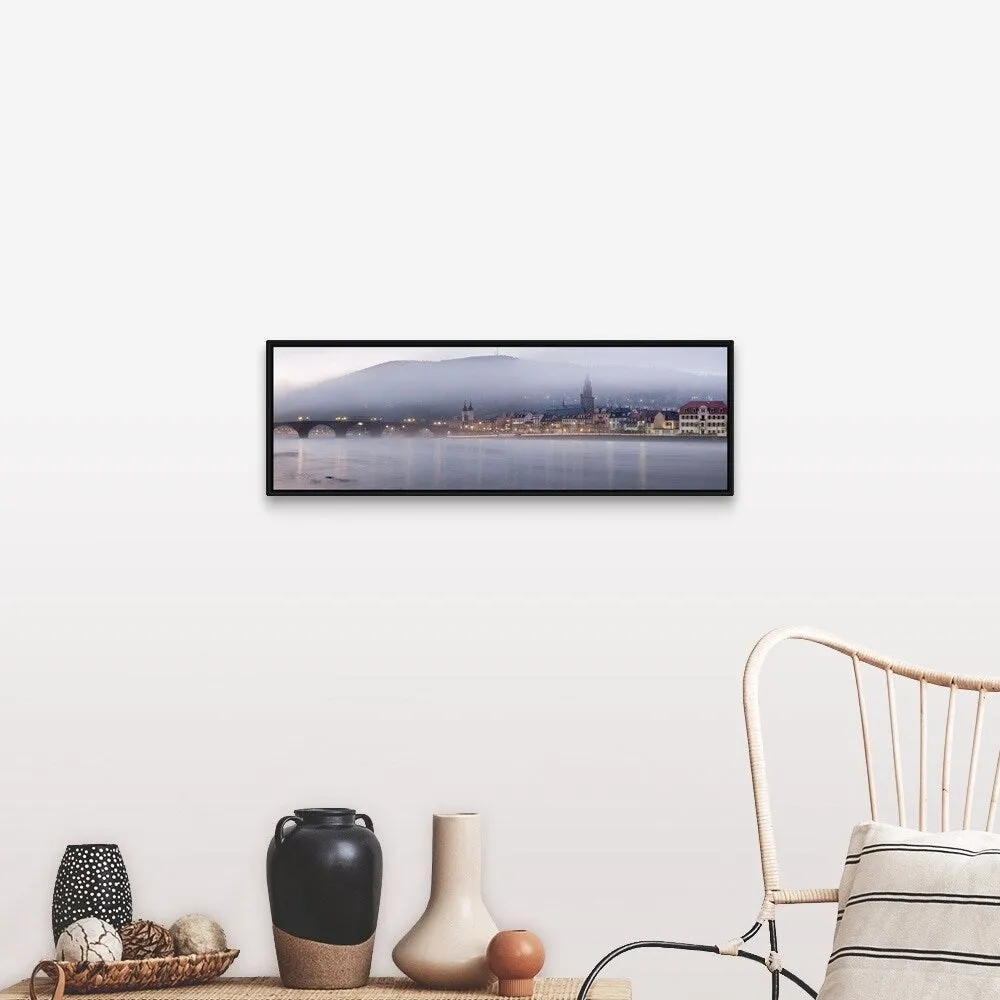"Bridge across a river with city lit up at morning, Germany" Black Float Frame Canvas Art
